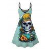 Robe de vacances à imprimé crâne, fleurs et feuilles, bretelles spaghetti - Turquoise XXL | US 14