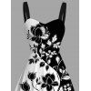 Robe de vacances à imprimé floral et feuilles, couleur contrastée, buste froncé - Noir XXXXXL | US 20