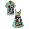 Vacation Couple Outfit Skull Flower Leaf Landscape Print Dress and Shirt Set - Turquoise S | US 4