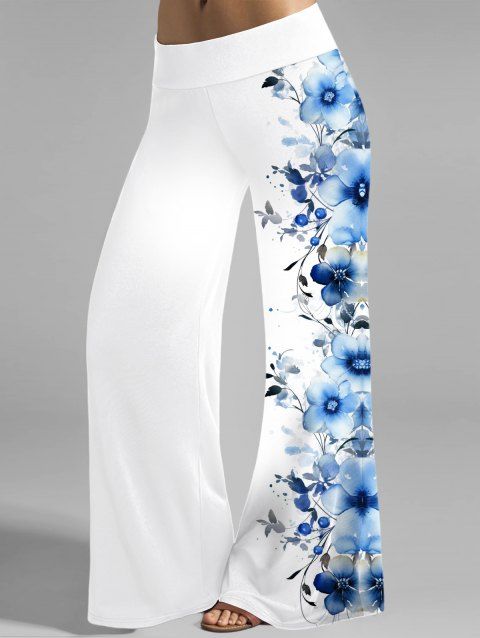 Pantalon large de vacances à imprimé floral et taille haute élastique