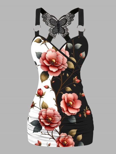 Débardeur de vacances à motif floral et feuilles contrasté, papillon et dentelle
