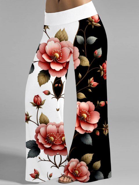 Pantalon large de vacances à imprimé floral et feuilles contrasté