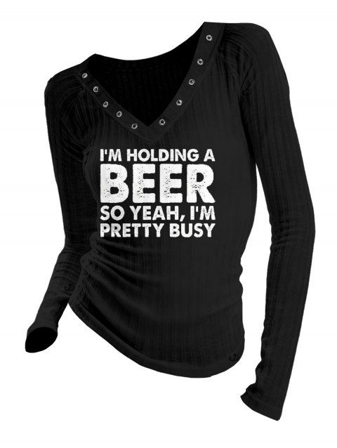 Haut à manches longues imprimé slogan et col en V à œillets