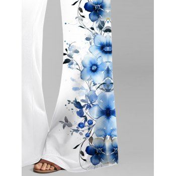Vacation Wide Leg Pants Flower Print Elastic High Waisted Long Pants
