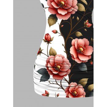 Vacation Tank Top Contrast Color Flower Leaf Print Butterfly Lace Tank Top