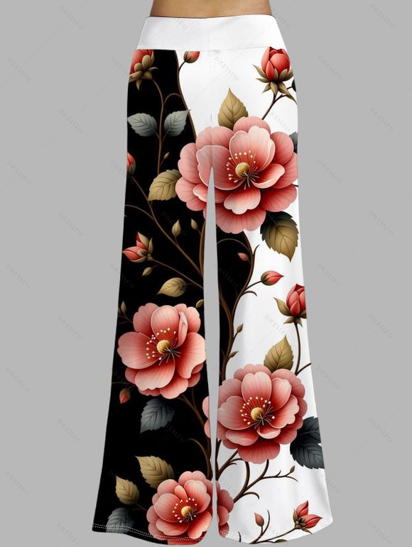 Pantalon large de vacances à imprimé floral et feuilles contrasté - Noir L | US 8-10