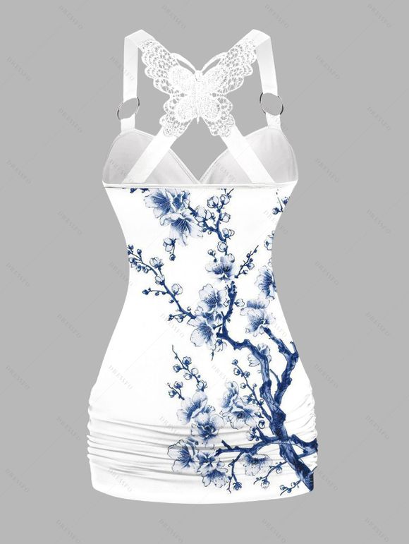Débardeur de vacances imprimé fleurs de pêcher, papillons, dentelle froncée - Blanc S | US 4