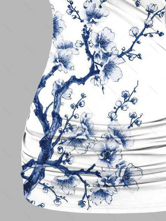 Débardeur de vacances imprimé fleurs de pêcher, papillons, dentelle froncée - Blanc S | US 4