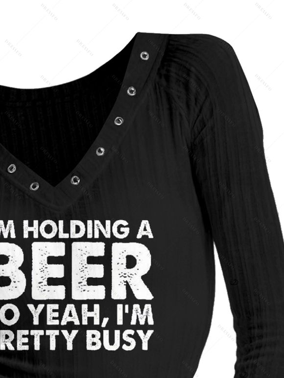 Haut à manches longues imprimé slogan et col en V à œillets - Noir XL | US 12