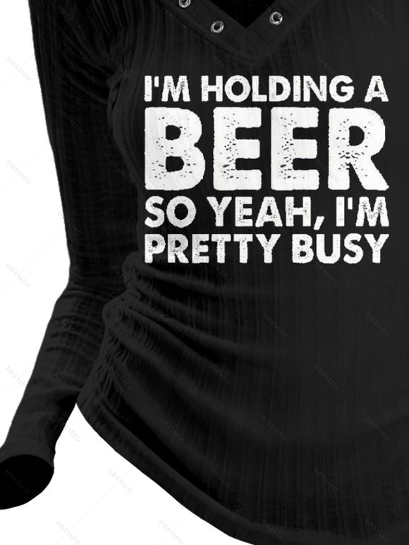 Haut à manches longues imprimé slogan et col en V à œillets - Noir XL | US 12