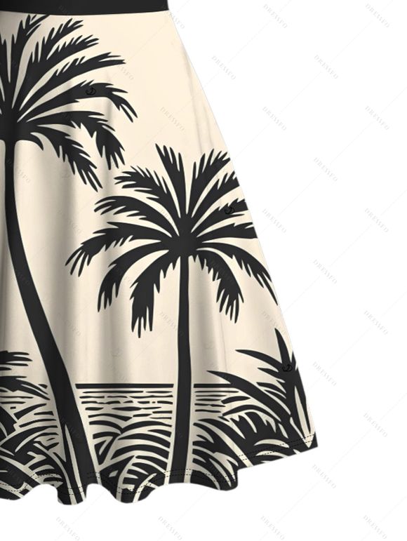 Vacation Outfit Colorblock Coconut Tree Print Dress and Shirt Drawstring Shorts Set - Noir S | US 4