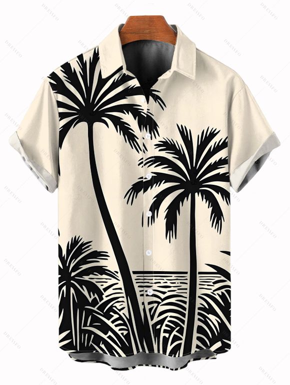Vacation Outfit Colorblock Coconut Tree Print Dress and Shirt Drawstring Shorts Set - Noir S | US 4