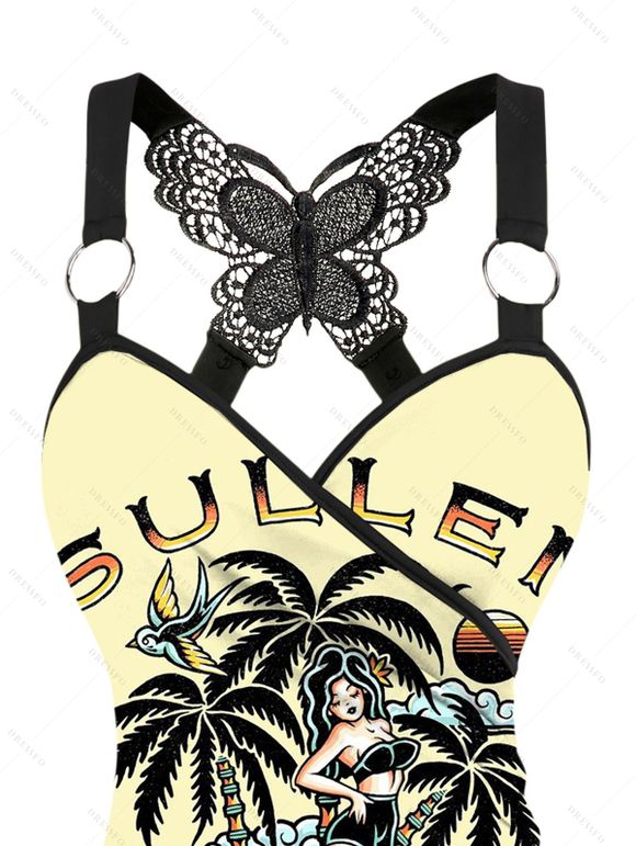 Vacation Outfit Skull Coconut Tree Letter Print Butterfly Lace Tank Top and Leggings Set - Noir S | US 4