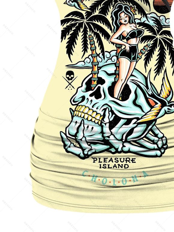 Vacation Outfit Skull Coconut Tree Letter Print Butterfly Lace Tank Top and Leggings Set - Noir S | US 4