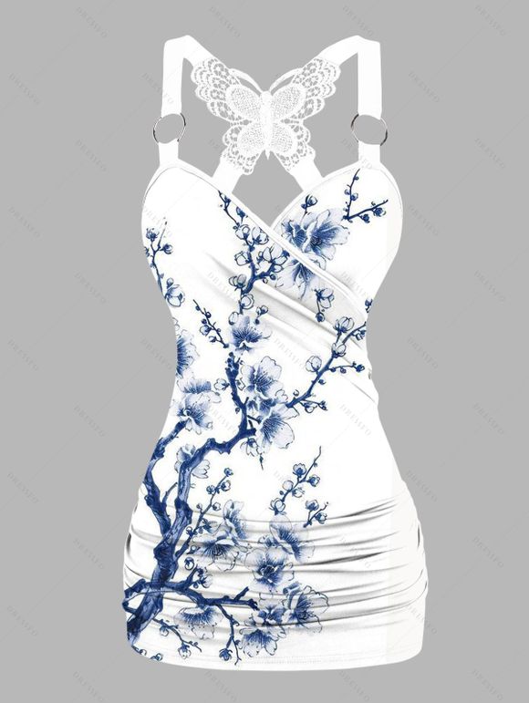 Vacation Outfit Peach Blossom Print Butterfly Lace Tank Top and Wide Leg Pants Set - Blanc S | US 4