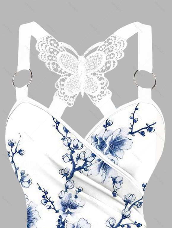 Vacation Outfit Peach Blossom Print Butterfly Lace Tank Top and Wide Leg Pants Set - Blanc S | US 4