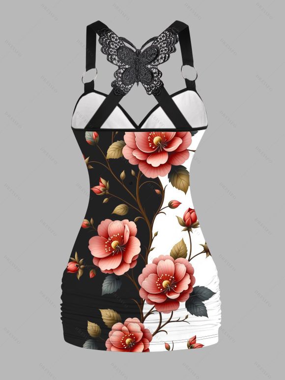 Vacation Outfit Flower Leaf Print Butterfly Lace Tank Top and Wide Leg Pants Set - Noir S | US 4