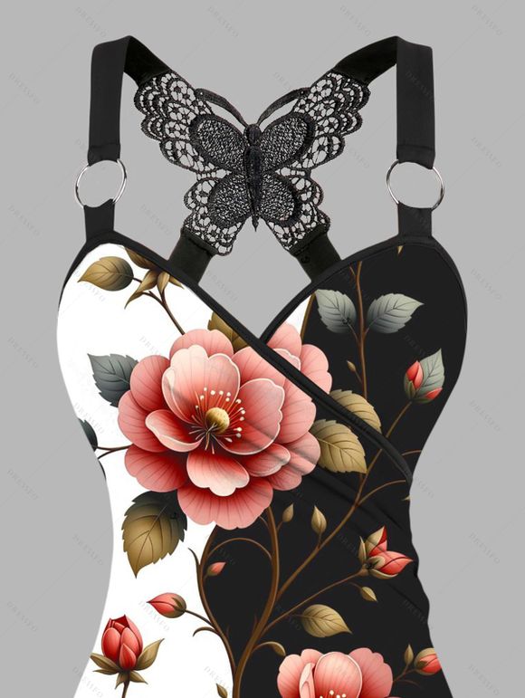 Vacation Outfit Flower Leaf Print Butterfly Lace Tank Top and Wide Leg Pants Set - Noir S | US 4