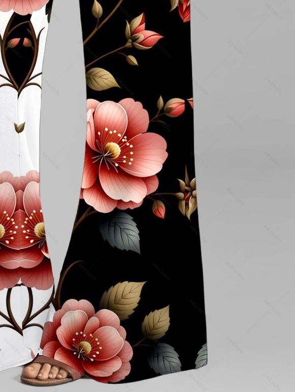 Vacation Outfit Flower Leaf Print Butterfly Lace Tank Top and Wide Leg Pants Set - Noir S | US 4