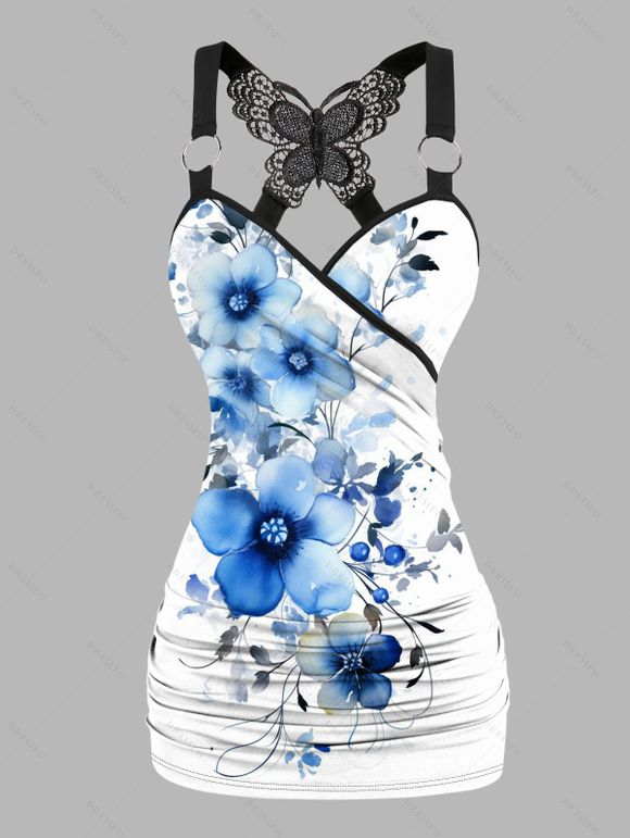 Vacation Outfit Flower Print Butterfly Lace Tank Top and Wide Leg Pants Set - Blanc S | US 4