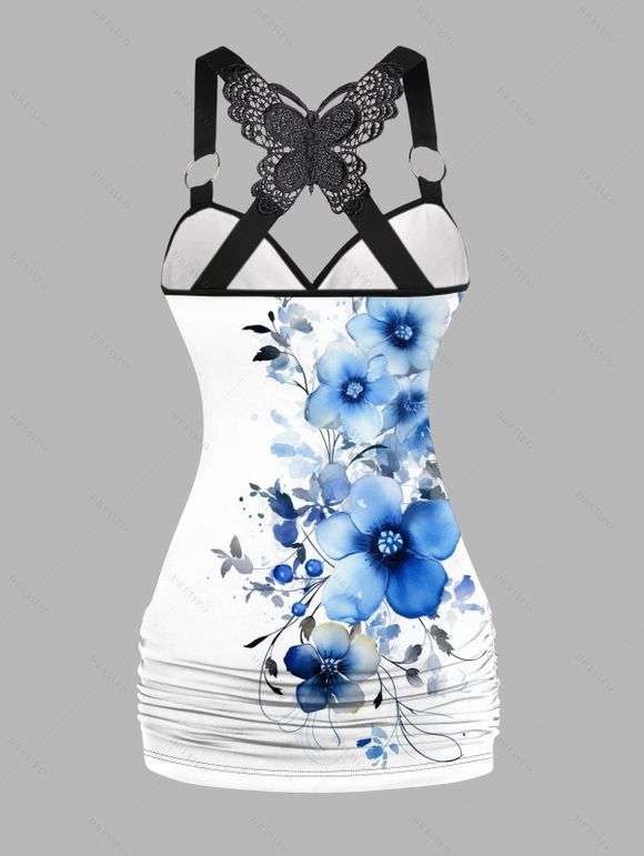 Vacation Outfit Flower Print Butterfly Lace Tank Top and Wide Leg Pants Set - Blanc S | US 4
