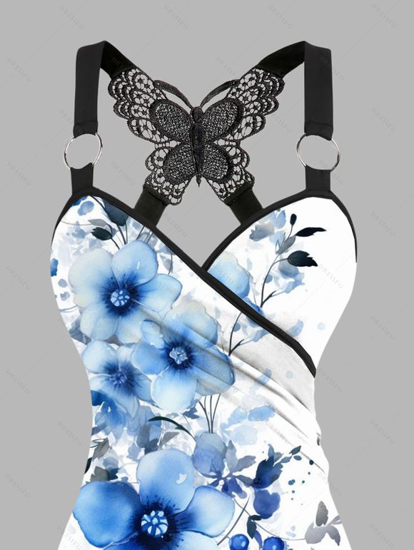 Vacation Outfit Flower Print Butterfly Lace Tank Top and Wide Leg Pants Set - Blanc S | US 4