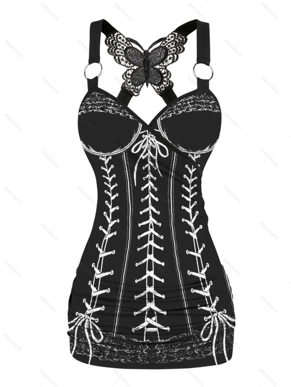 Spring Outfit Lace Up Bowknot 3D Print Butterfly Lace Tank Top and Leggings Set - Noir S | US 4