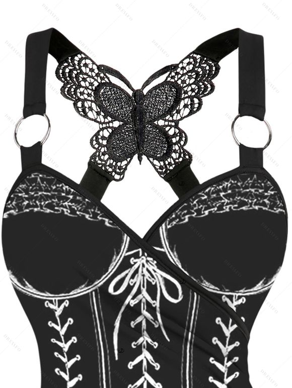 Spring Outfit Lace Up Bowknot 3D Print Butterfly Lace Tank Top and Leggings Set - Noir S | US 4