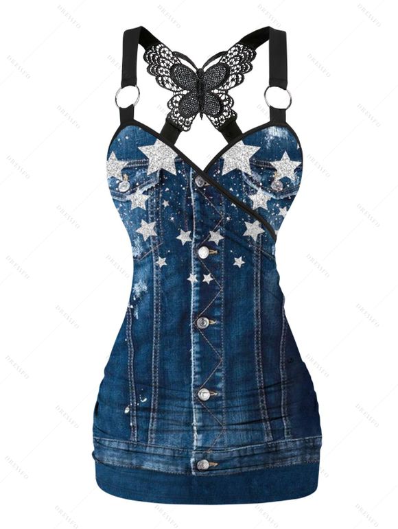 Spring Outfit Star Denim 3D Print Butterfly Lace Tank Top and Zipper Leggings Set - Bleu profond S | US 4