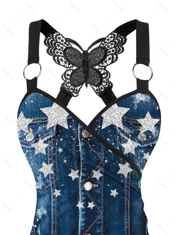 Spring Outfit Star Denim 3D Print Butterfly Lace Tank Top and Zipper Leggings Set - Bleu profond S | US 4