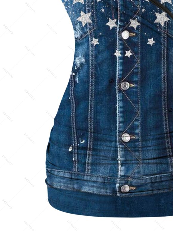 Spring Outfit Star Denim 3D Print Butterfly Lace Tank Top and Zipper Leggings Set - Bleu profond S | US 4