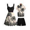 Vacation Outfit Colorblock Coconut Tree Print Dress and Shirt Drawstring Shorts Set - Noir S | US 4