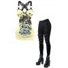 Vacation Outfit Skull Coconut Tree Letter Print Butterfly Lace Tank Top and Leggings Set - Noir S | US 4