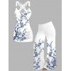Vacation Outfit Peach Blossom Print Butterfly Lace Tank Top and Wide Leg Pants Set - Blanc S | US 4