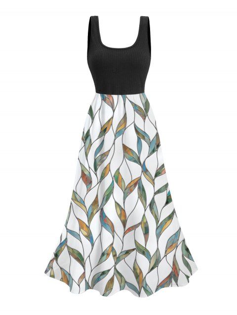 Robe de vacances imprimée feuilles, robe midi colorblock