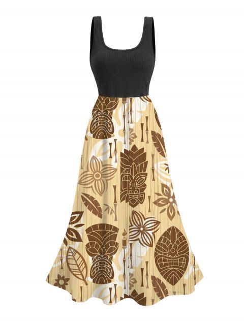 Robe de vacances à imprimé floral ethnique colorblock, robe midi