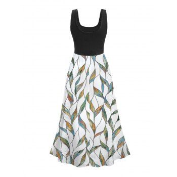Vacation Dress Leaf Printed Colorblock Midi Dress