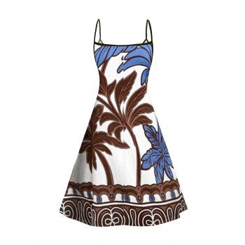 Vacation Couple Outfit Colorblock Tree Printed Spaghetti Strap Dress and Shirt Set
