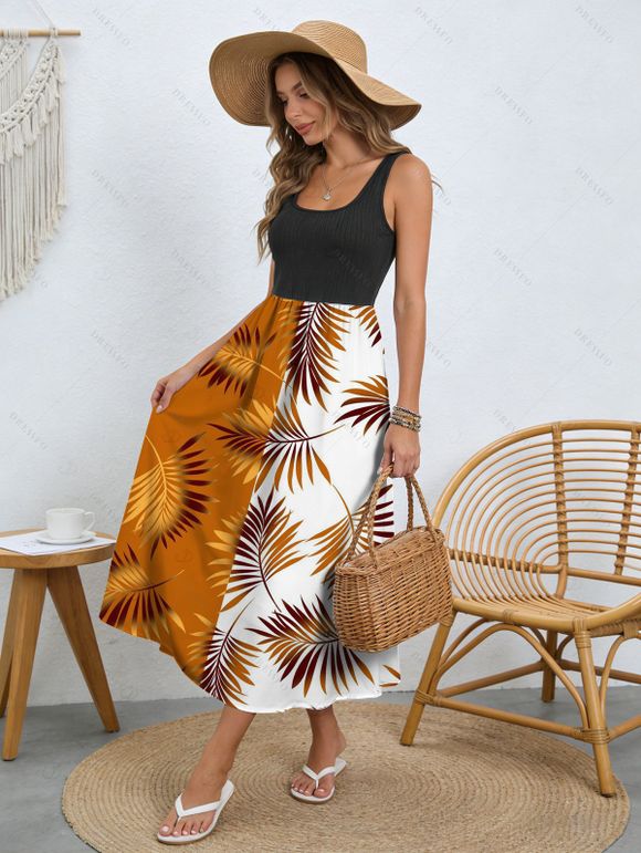 Robe de vacances midi à imprimé feuilles contrastées - Noir M | US 6