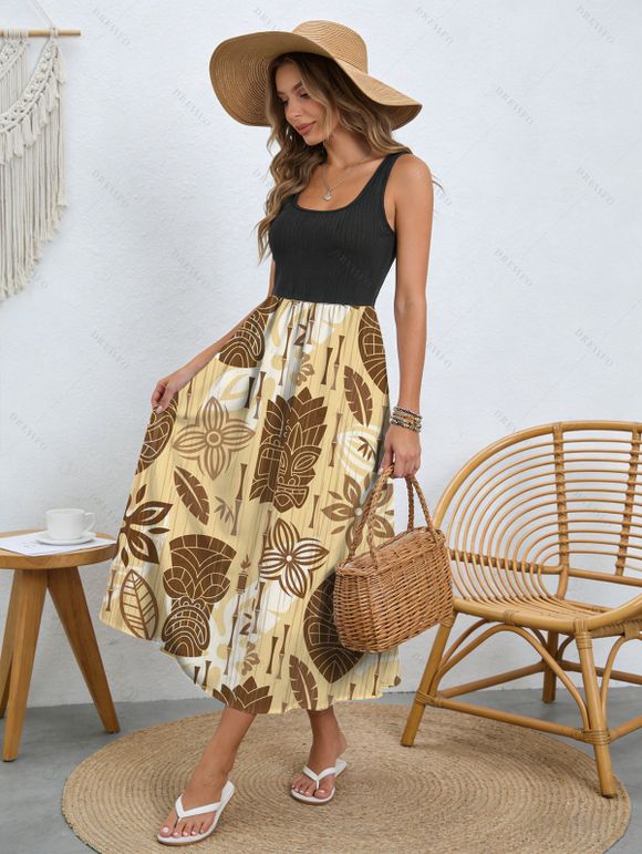 Robe de vacances à imprimé floral ethnique colorblock, robe midi - FLAXSEED YELLOW XXL | US 14