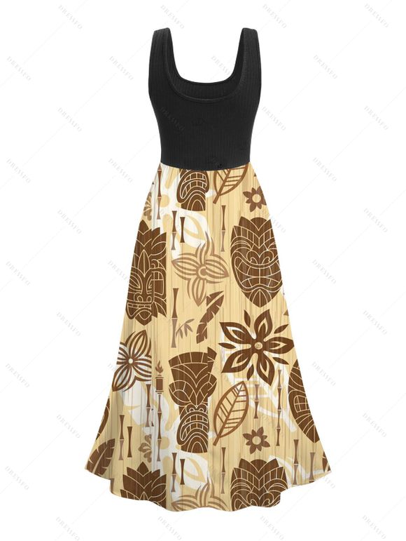 Robe de vacances à imprimé floral ethnique colorblock, robe midi - FLAXSEED YELLOW XXL | US 14
