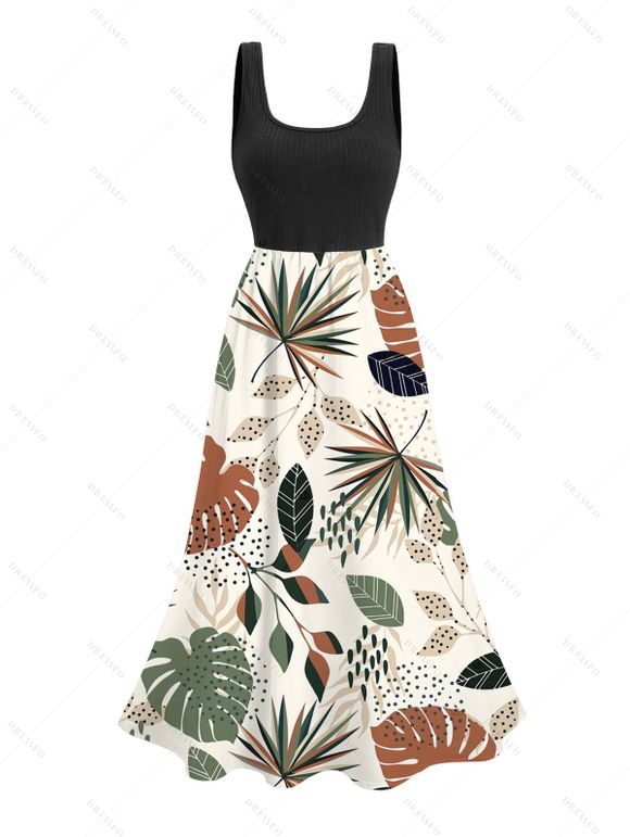 Vacation Couple Outfit Colored Leaf Print Midi Dress and Shirt Set - Vert clair S | US 4