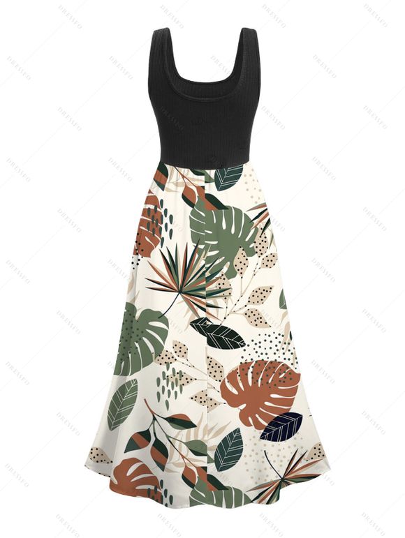 Vacation Couple Outfit Colored Leaf Print Midi Dress and Shirt Set - Vert clair S | US 4