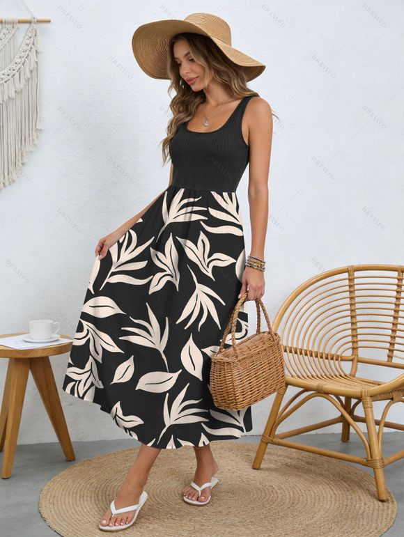 Vacation Couple Outfit Allover Leaf Print Midi Dress and Shirt Set - Noir S | US 4