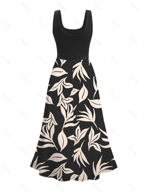 Vacation Couple Outfit Allover Leaf Print Midi Dress and Shirt Set - Noir S | US 4