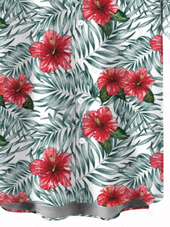 Chemise de vacances pour homme, imprimé floral et feuilles, à boutons - Blanc XL