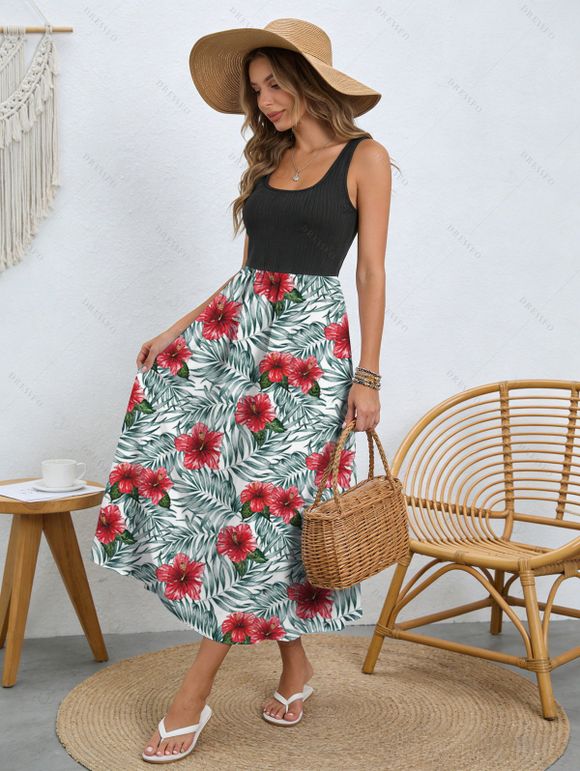 Vacation Couple Outfit Colorblock Allover Floral Leaf Print Dress and Shirt Set - Blanc S | US 4