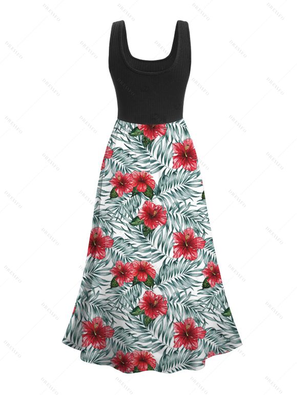 Vacation Couple Outfit Colorblock Allover Floral Leaf Print Dress and Shirt Set - Blanc S | US 4