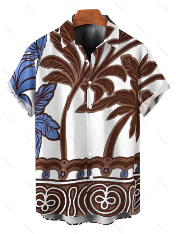 Vacation Couple Outfit Colorblock Tree Printed Spaghetti Strap Dress and Shirt Set - Blanc S | US 4