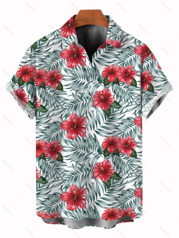 Vacation Couple Outfit Colorblock Allover Floral Leaf Print Dress and Shirt Set - Blanc S | US 4